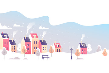Winter city landscape. Snowy street in small town. Vector illustration.