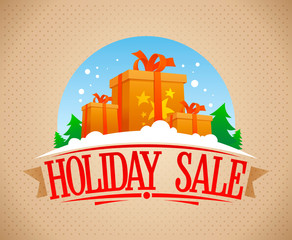 Holiday sale banner design with gift boxes, vintage style