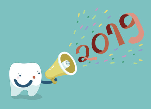Happy new year of dental, tooth saying with megaphone,Single white tooth, healthy tooth, oral hygiene, vector modern flat cartoon character illustrator
