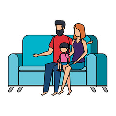parents couple with daughter in the sofa