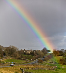 Rainbow over the A59 near Skipton, West Yorkshire, England, UK.