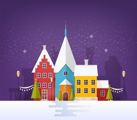 Fototapeta premium Winter cityscape or urban landscape with buildings or houses and festive street decorations in snowy evening. Small city or town in New Year or Christmas eve. Vector illustration in flat style.