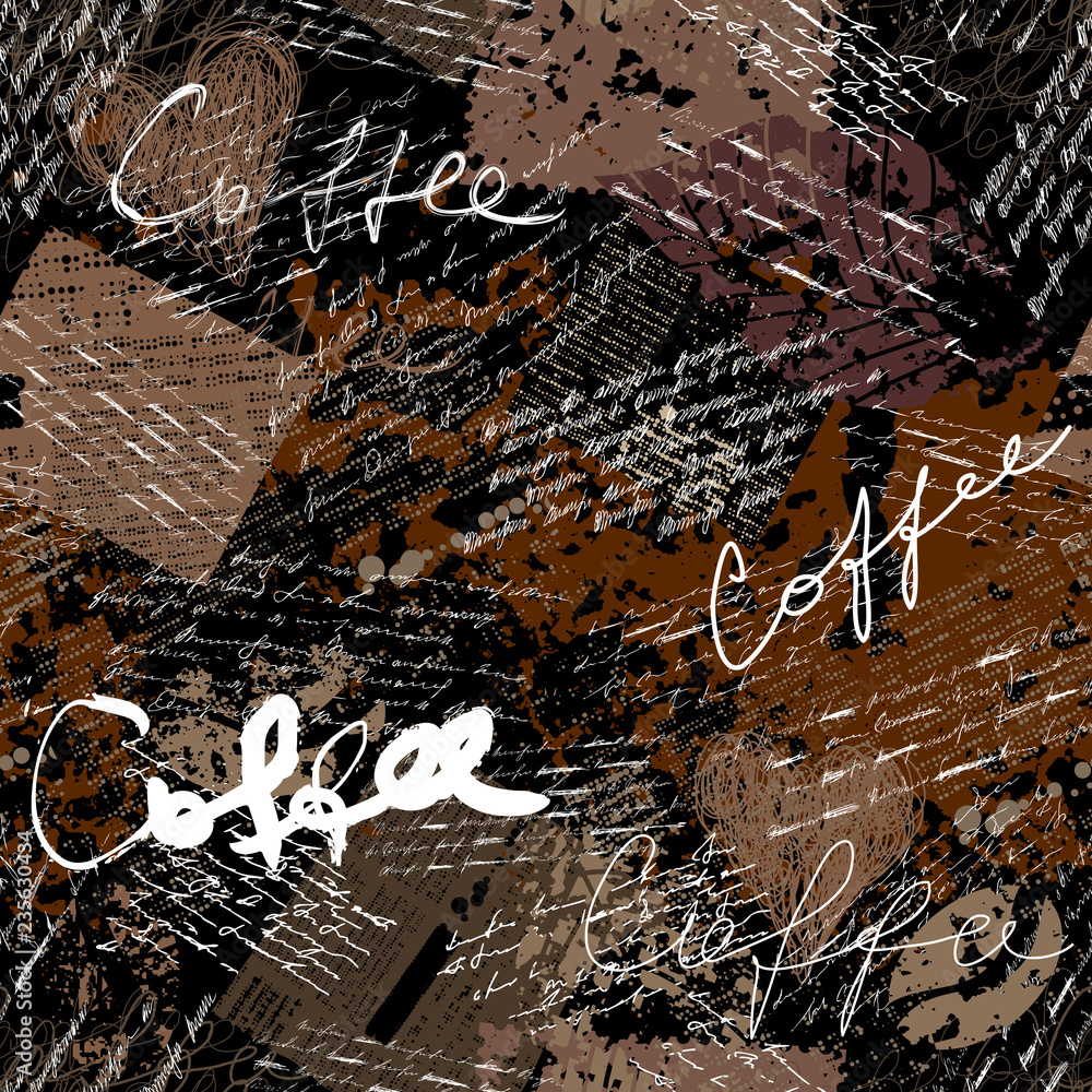 Poster coffee. abstract coffee pattern on brown background with a lettring.