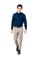 Fototapeta premium Young handsome asian model walking in smart casual clothing