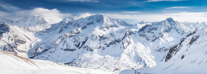 Fototapeta na wymiar View of Tonale ski resort with Rhaetian Alps, Tonale pass, Italy, Europe