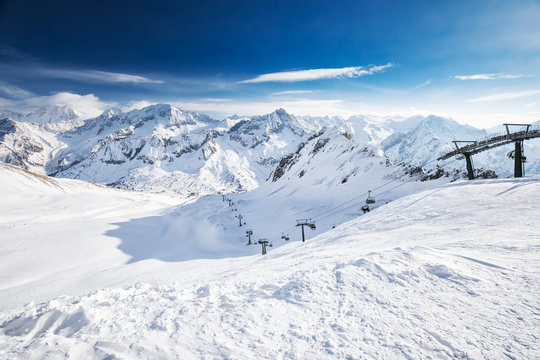 View of Tonale ski resort with Rhaetian Alps, Tonale pass, Italy, Europe