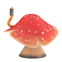 fantasy cartoon big mushroom with a pipe on an isolated white background, 3d illustration