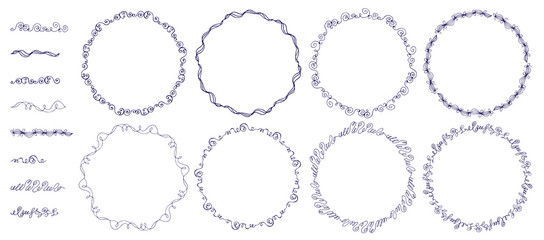 Hand drawn vector line endless border set. Doodle style decorative ornate round frames. Isolated on white background