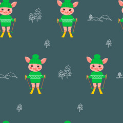 Seamless pattern with a skiing little pig in green hat and sweater on blue background. Vector illustration of a cartoon character of Chinese sign of New year 2019