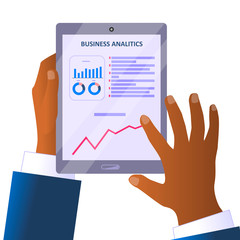 african hands holding digital tablet device with business analytics