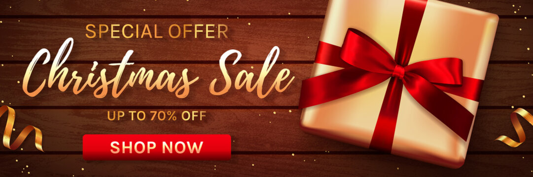 Christmas sale web banner. Wooden background. Template for holiday discounts. Elegant design with gift box and gold confetti. Vector illustration.