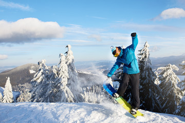 Snowboarder doing tricks at ski resort. Rider performing jump with his snowboard near forest on...