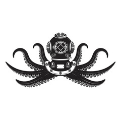 Obraz premium Diver helmet with octopus tentacles. Design element for poster, card, banner, emblem, t shirt.