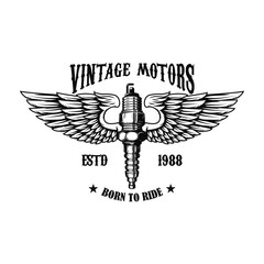 Winged motorcycle spark plug. Design elements for logo, label, sign, menu.