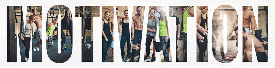 Collage of smiling people working out together in a gym
