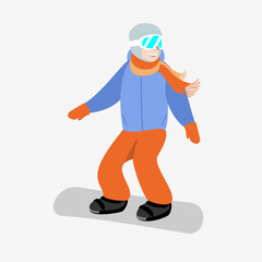 Illustration of a snowboarder on a white background. Snowboarder in a blue jacket and orange pants.