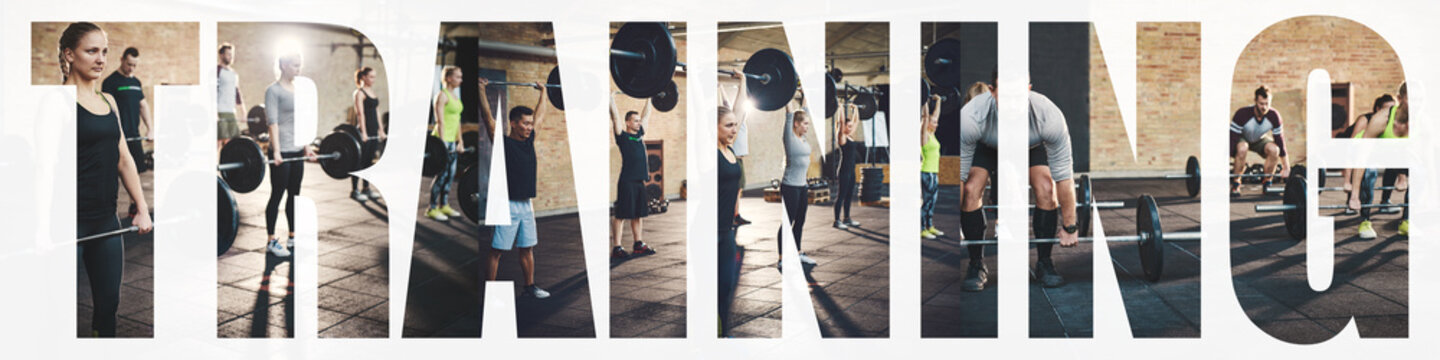 Collage of fit people training with weights in a gym