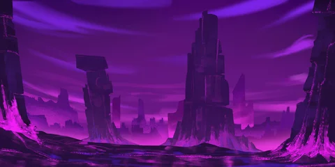 Door stickers Violet Red Crystal Mountain. Fiction Backdrop. Concept Art. Realistic Illustration. Video Game Digital CG Artwork. Nature Scenery.  