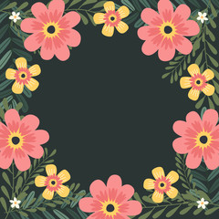 Floral greeting card and invitation template for wedding or birthday anniversary, Vector circle shape of text box label and frame, Colorful cosmos flowers wreath ivy style with branch and leaves.