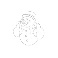 Positive cartoon snowman for coloring on white background. Vector illustration.