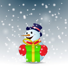 Positive cartoon snowman with green gift box with snow. Vector illustration