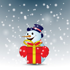 Positive cartoon snowman with red gift box with snow. Vector illustration