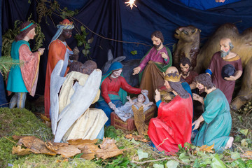 Nativity scene of Christ with colored figures,Christmas Nativity Scene with Three Wise Men...