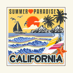 Artwork with sun and the other ocean, american wave, California badge. For surf t-shirt. Paradise t shirt slogan, handwriting summer script. Retro shirt, vector illustration.