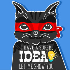 Monster hero boy with tail for the day of the cat. Type for print. For line of t-shirt for kids, style with isolated text. Vector illustration.