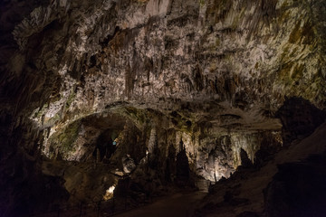 Fototapeta na wymiar Interiors of Postojna Cave, Slovenia. Big caving area of Postojna. Underground halls, karst.