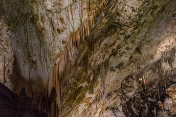 Interiors of Postojna Cave, Slovenia. Big caving area of Postojna. Underground halls, karst.