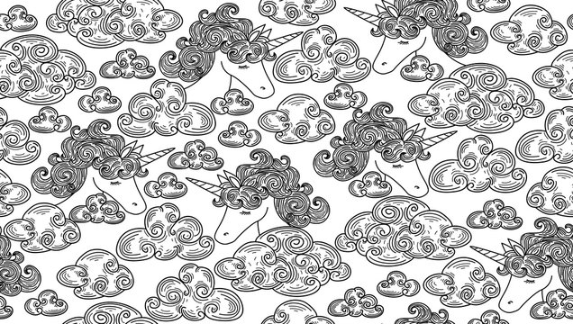 Fototapeta Vector cute seamless pattern,  unicorns in clouds, black silhouettes.