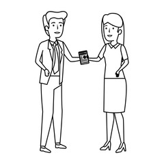 business couple with smartphone avatars characters