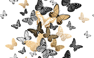 Seamless pattern with gold and black butterflies on a white background