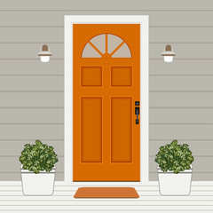 Fototapeta premium House door front with window and plants flat style, building entry facade design illustration vector