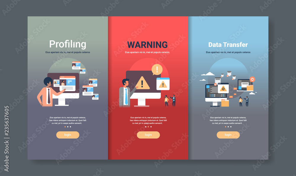 Poster web design template set for profiling warning and data transfer concepts different business collecti