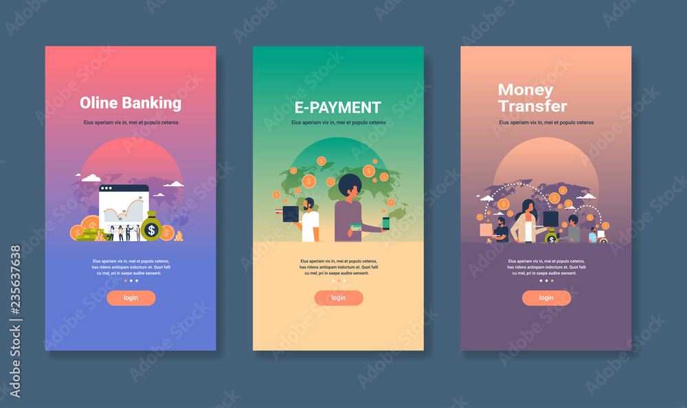 Poster web design template set for online banking e-payment and money transfer concepts different business 