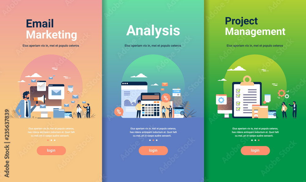 Poster web design template set for email marketing analysis and project management concepts different busin