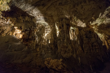 Fototapeta na wymiar Interiors of Postojna Cave, Slovenia. Big caving area of Postojna. Underground halls, karst.