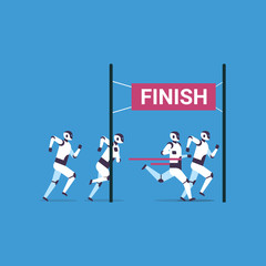 modern robots team competing run to finish line artificial intelligence technology win concept flat vector illustration