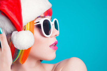 beautiful woman wearing colorful wig