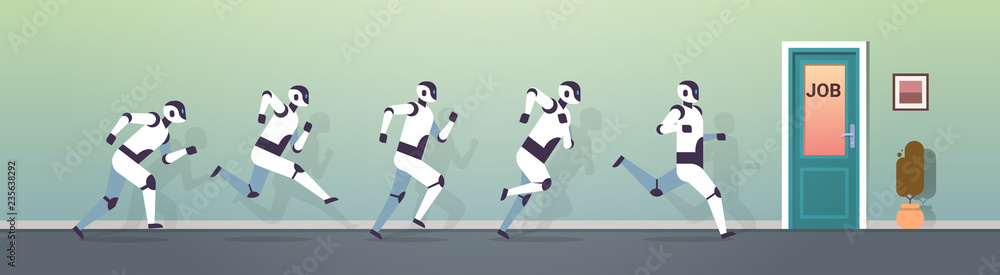 Poster modern robots group running to job door artificial intelligence technology competition concept flat 