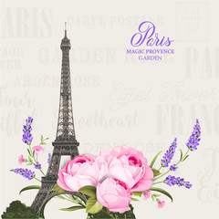 Vintage gray card with spring flowers over Eiffel tower with signs on background. Vector illustration.