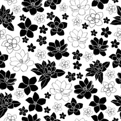 Plumeria and Magnolia-Flowers in Bloom seamless repeat pattern Background in Black and White