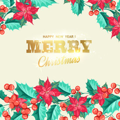 Floral garland of red poinsettia with merry christmas sign. Vector illustration.