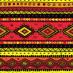 Seamless abstract hand-drawn ethno pattern, tribal background. Seamless pattern can be used for wallpaper, web page background, others. Bright vector tribal texture.