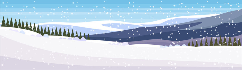 Fototapeta na wymiar Winter snowy mountain fir tree forest landscape background horizontal banner flat