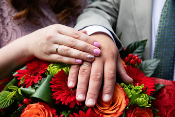 Bride and groom hands with wedding rings