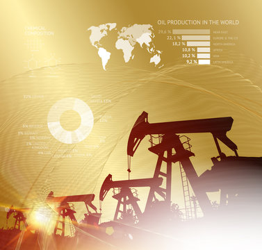 Oil derrick infographic with stages of process oil production. Industrial image with golden style. Vector illustration.