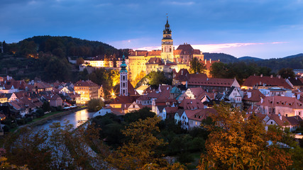 Fototapeta na wymiar Panoramic view of the historic center of Cesky Krumlov, Czech Republic during twilight.
